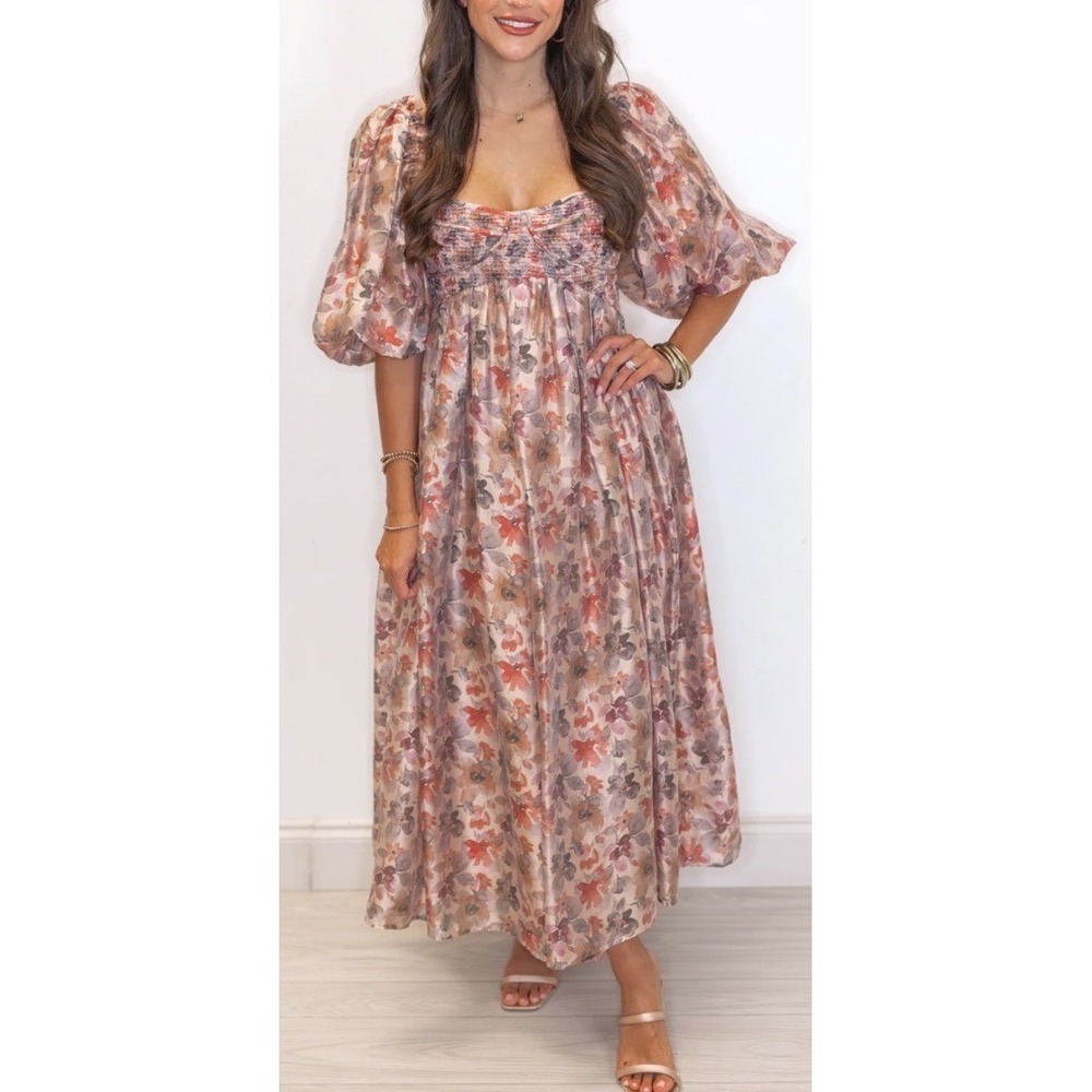 Floral Puff-Sleeve Midi Dress in Blush Multi